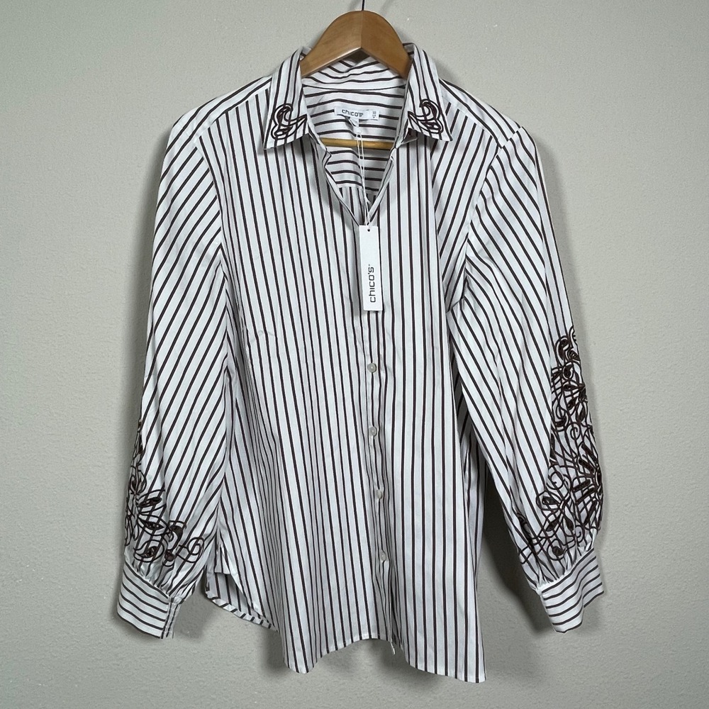 Chico's Poplin Striped Eyelet Shirt 2.5 US 14 Brown White Coastal Grandmother